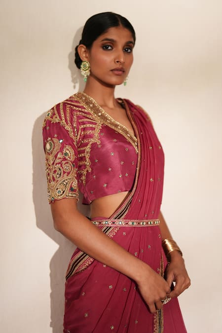 Shop_ISHA GUPTA TAYAL_Pink Georgette, Organza, Silk Nayaab Pre-draped Concept Saree With Blouse _Online_at_Aza_Fashions