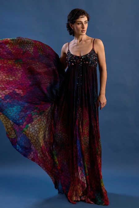 Cedar & Pine_Multi Color Satin, Tulle Beads, Sequins Scoop Neck Euphoria Embroidered Gown _Online_at_Aza_Fashions