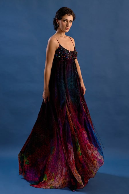 Shop_Cedar & Pine_Multi Color Satin, Tulle Beads, Sequins Scoop Neck Euphoria Embroidered Gown _Online_at_Aza_Fashions