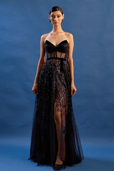 Cedar & Pine_Black Tulle, Georgette, Velvet Sequins, Embroidery Sweetheart Disco Corset Gown _Online_at_Aza_Fashions
