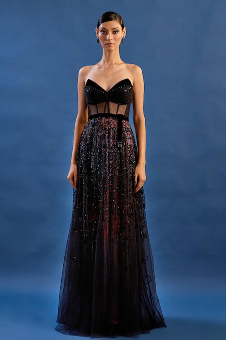 Buy_Cedar & Pine_Black Tulle, Georgette, Velvet Sequins, Embroidery Sweetheart Disco Corset Gown _Online_at_Aza_Fashions