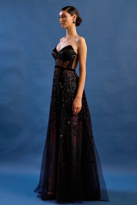 Shop_Cedar & Pine_Black Tulle, Georgette, Velvet Sequins, Embroidery Sweetheart Disco Corset Gown _Online_at_Aza_Fashions
