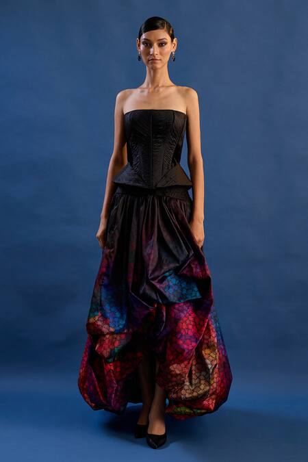 Cedar & Pine Black Polyester Bandeau Neck Paula Corset Top And Bubble Skirt Set Online at Aza Fashions Cedar & Pine_Black Polyester Bandeau Neck Paula Corset Top And Bubble Skirt Set _Online_at_Aza_Fashions