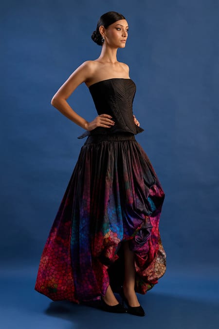 Shop Cedar & Pine Black Polyester Bandeau Neck Paula Corset Top And Bubble Skirt Set Online at Aza Fashions Shop_Cedar & Pine_Black Polyester Bandeau Neck Paula Corset Top And Bubble Skirt Set _Online_at_Aza_Fashions