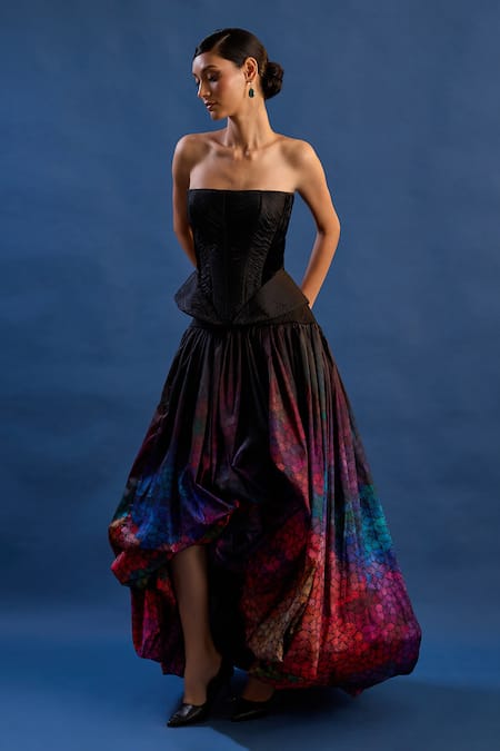 Cedar & Pine Black Polyester Bandeau Neck Paula Corset Top And Bubble Skirt Set at Aza Fashions Cedar & Pine_Black Polyester Bandeau Neck Paula Corset Top And Bubble Skirt Set _at_Aza_Fashions