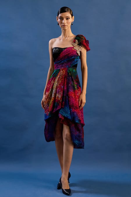Cedar & Pine_Multi Color Tulle, Satin Sequins, Brooches Carnie One Shoulder Embroidered Gown _Online_at_Aza_Fashions