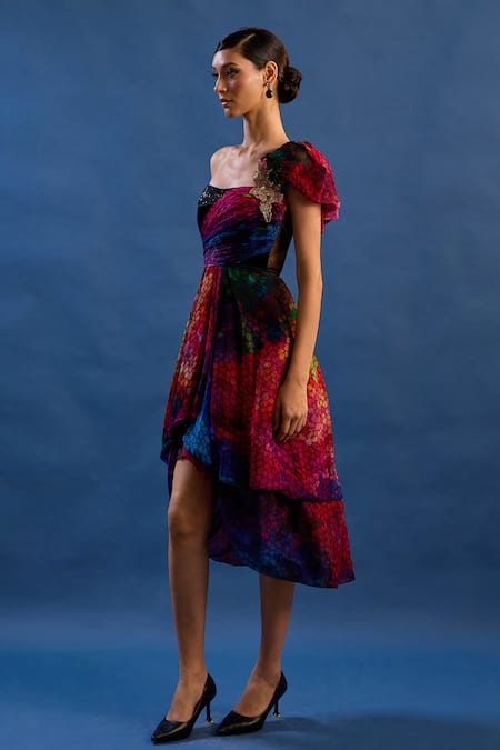 Buy_Cedar & Pine_Multi Color Tulle, Satin Sequins, Brooches Carnie One Shoulder Embroidered Gown _Online_at_Aza_Fashions