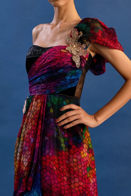 Shop_Cedar & Pine_Multi Color Tulle, Satin Sequins, Brooches Carnie One Shoulder Embroidered Gown _Online_at_Aza_Fashions