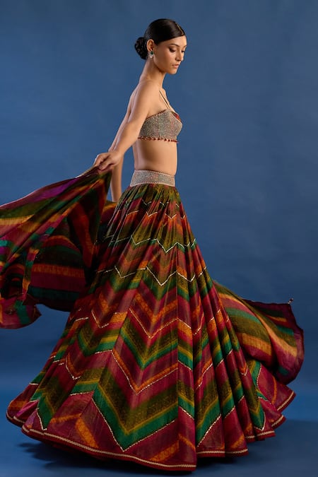 Cedar & Pine_Multi Color Tissue, Brocade Embroidery, Rouge Bohemian Chevron Lehenga Set _Online_at_Aza_Fashions