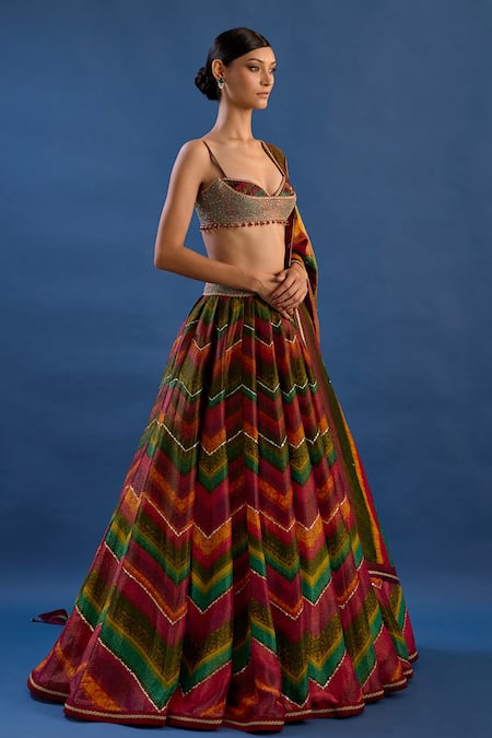 Buy_Cedar & Pine_Multi Color Tissue, Brocade Embroidery, Rouge Bohemian Chevron Lehenga Set _Online_at_Aza_Fashions