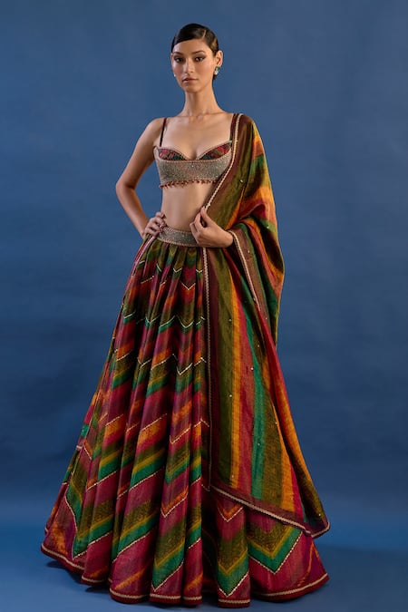 Cedar & Pine Rouge Bohemian Chevron Embroidered Lehenga Set 
