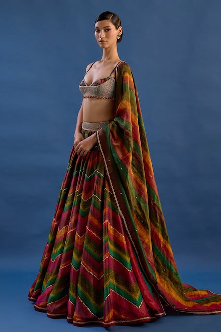 Shop_Cedar & Pine_Multi Color Tissue, Brocade Embroidery, Rouge Bohemian Chevron Lehenga Set _Online_at_Aza_Fashions