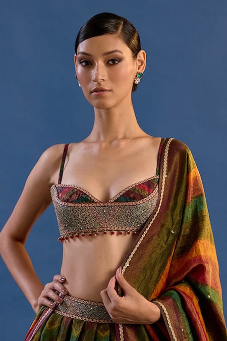 Cedar & Pine_Multi Color Tissue, Brocade Embroidery, Rouge Bohemian Chevron Lehenga Set _at_Aza_Fashions