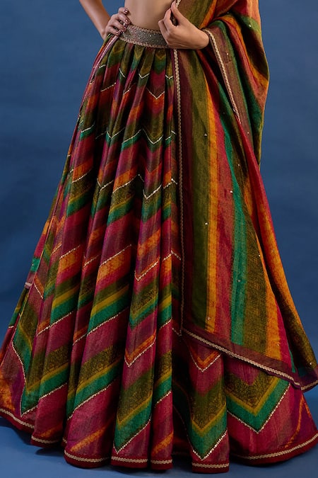 Buy_Cedar & Pine_Multi Color Tissue, Brocade Embroidery, Rouge Bohemian Chevron Lehenga Set 