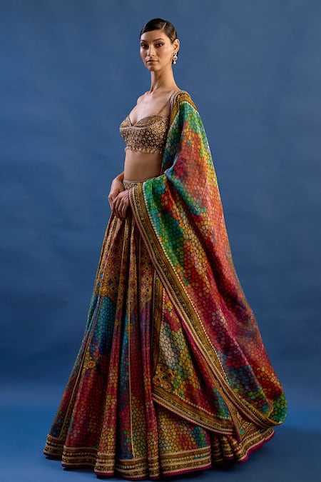 Buy_Cedar & Pine_Multi Color Tissue, Brocade Crystals, Zari, Paradisso Printed Lehenga Set _Online_at_Aza_Fashions