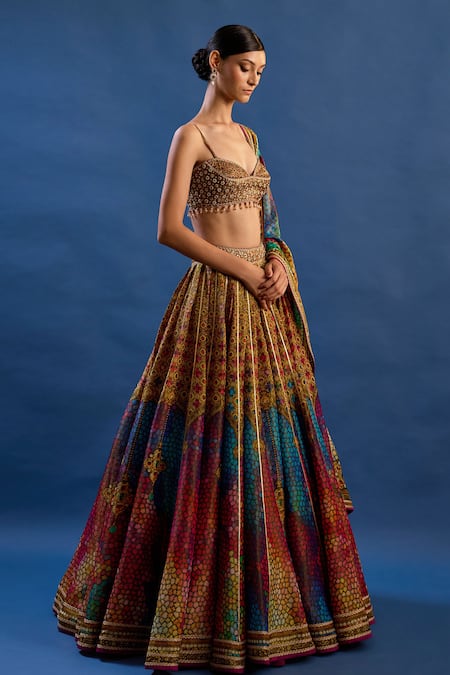 Shop_Cedar & Pine_Multi Color Tissue, Brocade Crystals, Zari, Paradisso Printed Lehenga Set _Online_at_Aza_Fashions