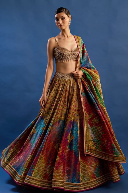 Cedar & Pine_Multi Color Tissue, Brocade Crystals, Zari, Paradisso Printed Lehenga Set _at_Aza_Fashions