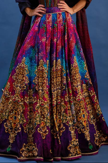 Cedar & Pine_Multi Color Satin, Tulle, Organza Crystals, Zari, Rococo Printed Lehenga Set _Online_at_Aza_Fashions