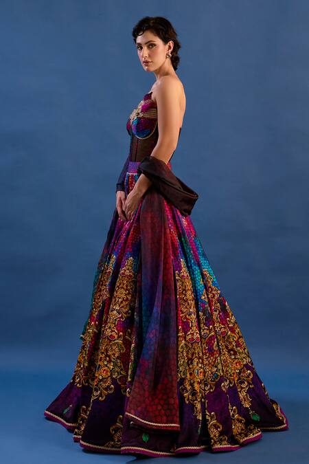 Buy_Cedar & Pine_Multi Color Satin, Tulle, Organza Crystals, Zari, Rococo Printed Lehenga Set _Online_at_Aza_Fashions