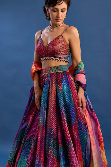 Buy_Cedar & Pine_Multi Color Organza, Brocade Zari, Embroidery, Beads, Betty Printed Lehenga Set _Online_at_Aza_Fashions