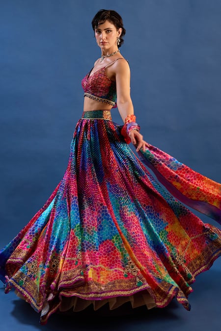 Shop_Cedar & Pine_Multi Color Organza, Brocade Zari, Embroidery, Beads, Betty Printed Lehenga Set _Online_at_Aza_Fashions