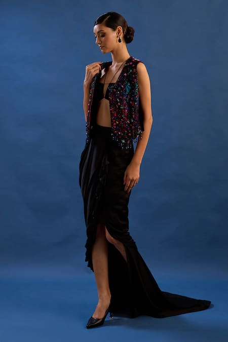 Cedar & Pine Black Satin, Velvet, Tulle Gatsby Pre-draped Saree Set With Embroidered Jacket Online at Aza Fashions Cedar & Pine_Black Satin, Velvet, Tulle Gatsby Pre-draped Saree Set With Embroidered Jacket _Online_at_Aza_Fashions