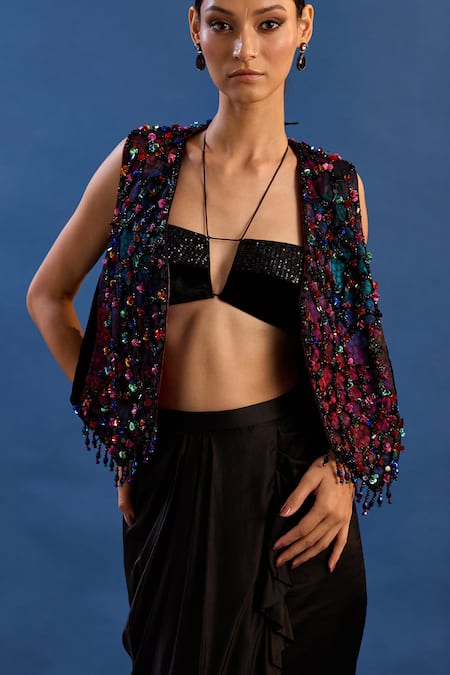 Buy Cedar & Pine Black Satin, Velvet, Tulle Gatsby Pre-draped Saree Set With Embroidered Jacket Online at Aza Fashions Buy_Cedar & Pine_Black Satin, Velvet, Tulle Gatsby Pre-draped Saree Set With Embroidered Jacket _Online_at_Aza_Fashions