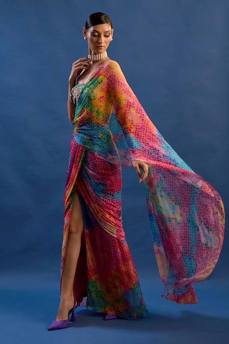 Buy Cedar & Pine Multi Color Chinon, Tulle, Rio Shaded Pre-draped Saree With Pleated Corset Online at Aza Fashions Buy_Cedar & Pine_Multi Color Chinon, Tulle, Rio Shaded Pre-draped Saree With Pleated Corset _Online_at_Aza_Fashions