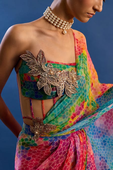 Cedar & Pine Multi Color Chinon, Tulle, Rio Shaded Pre-draped Saree With Pleated Corset at Aza Fashions Cedar & Pine_Multi Color Chinon, Tulle, Rio Shaded Pre-draped Saree With Pleated Corset _at_Aza_Fashions