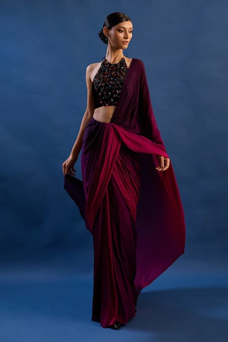 Cedar & Pine_Magenta Chinon, Velvet, Tulle Sequins, Helen Shaded Pre-draped Saree With Top _Online_at_Aza_Fashions