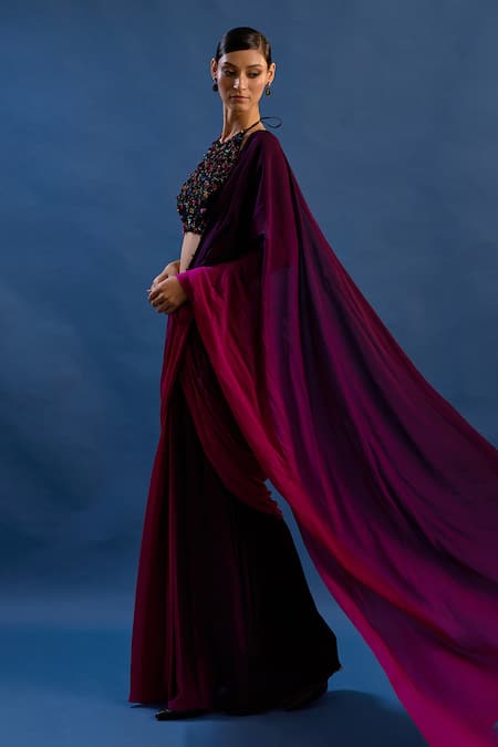 Buy_Cedar & Pine_Magenta Chinon, Velvet, Tulle Sequins, Helen Shaded Pre-draped Saree With Top _Online_at_Aza_Fashions