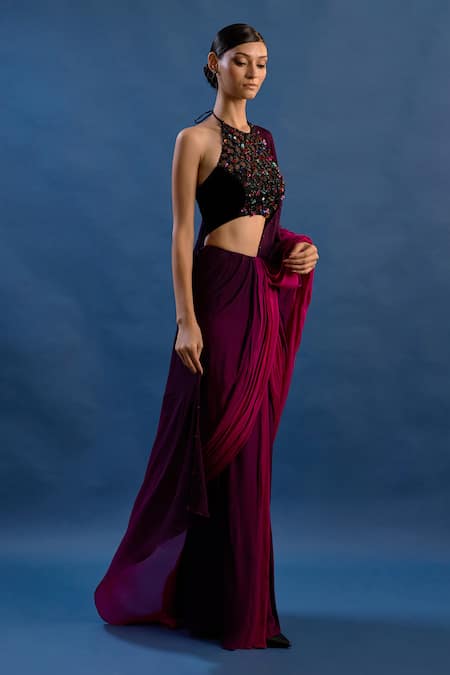 Shop_Cedar & Pine_Magenta Chinon, Velvet, Tulle Sequins, Helen Shaded Pre-draped Saree With Top _Online_at_Aza_Fashions