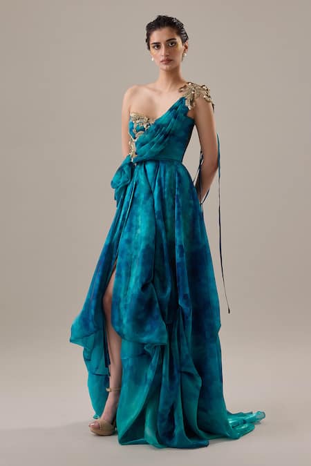 Cedar & Pine_Blue Organza, Tulle Embroidery, Pearls, Metallic Thread One Isca Draped Gown _Online_at_Aza_Fashions
