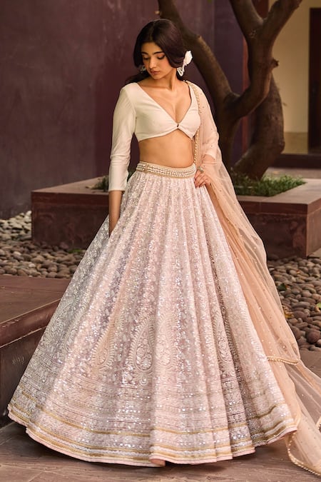 Cedar & Pine_Ivory Organza, Silk, Tulle Embroidery, Sequins V-neck, Square Saira Lehenga Set _Online_at_Aza_Fashions