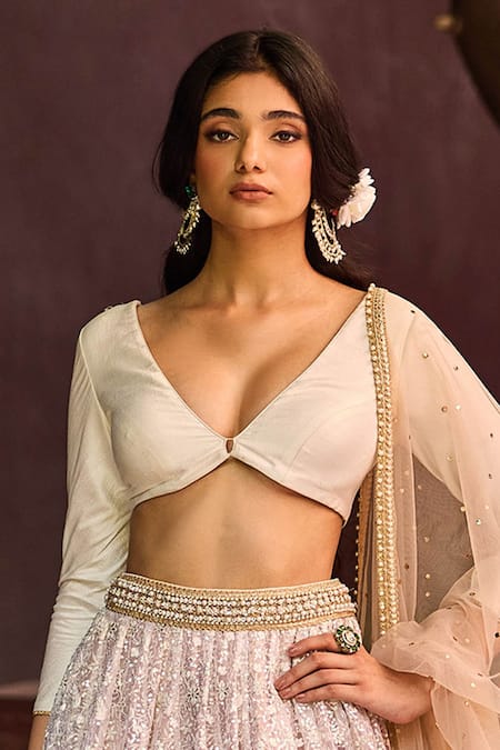 Shop_Cedar & Pine_Ivory Organza, Silk, Tulle Embroidery, Sequins V-neck, Square Saira Lehenga Set _Online_at_Aza_Fashions