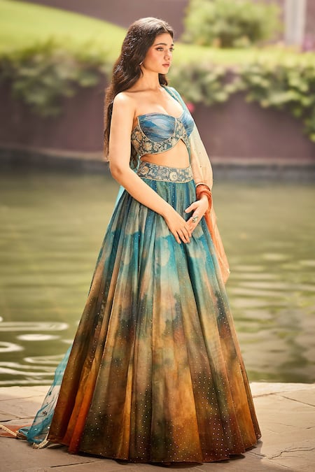 Cedar & Pine_Blue Organza, Tulle Foil Printing, Embroidery, Zari Clouds Shaded Lehenga Set _Online_at_Aza_Fashions