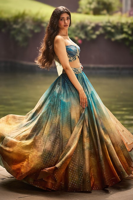 Shop_Cedar & Pine_Blue Organza, Tulle Foil Printing, Embroidery, Zari Clouds Shaded Lehenga Set _Online_at_Aza_Fashions