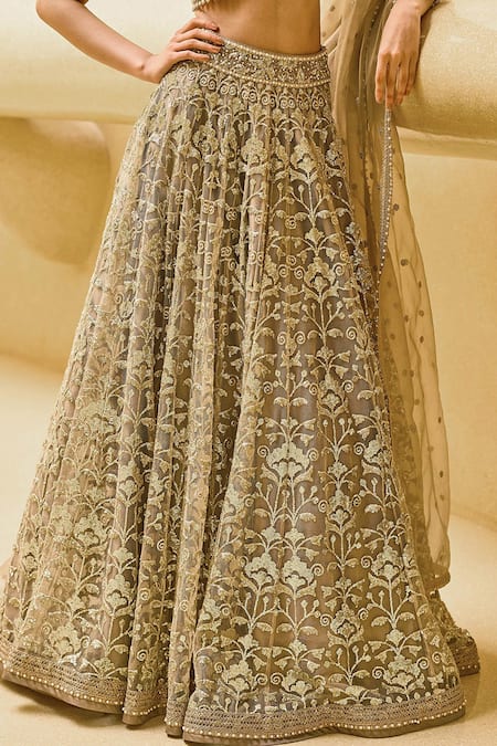 Cedar & Pine_Gold Tulle, Organza Embroidery, Beads, Sequins Sand Shimmer Lehenga Blouse Set _Online_at_Aza_Fashions