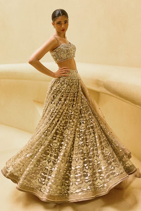 Shop_Cedar & Pine_Gold Tulle, Organza Embroidery, Beads, Sequins Sand Shimmer Lehenga Blouse Set _Online_at_Aza_Fashions