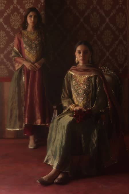 Begum_Olive Green Tissue, Silk Beads, Metallic Thread, Sequins, Navratna Anarkali Set _at_Aza_Fashions