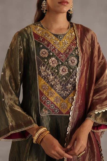 Buy_Begum_Olive Green Tissue, Silk Beads, Metallic Thread, Sequins, Navratna Anarkali Set 