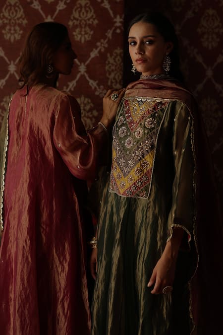 Shop_Begum_Olive Green Tissue, Silk Beads, Metallic Thread, Sequins, Navratna Anarkali Set 