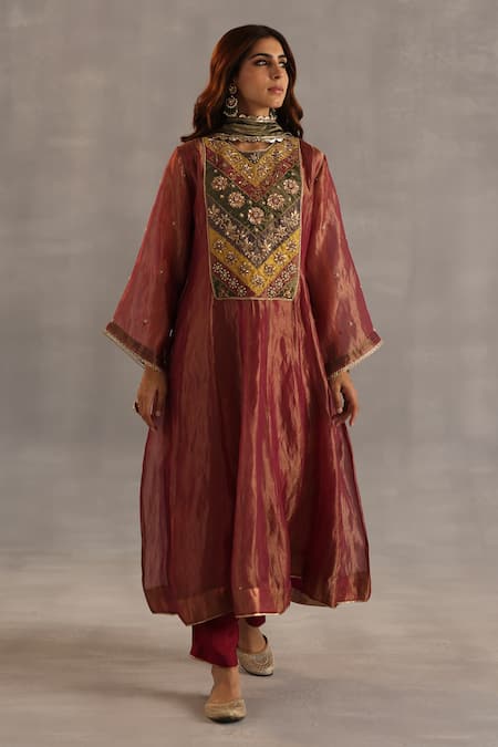 Begum_Burgundy Tissue, Silk Beads, Pearls, Sequins, Zari, Navratna Anarkali Set _Online_at_Aza_Fashions