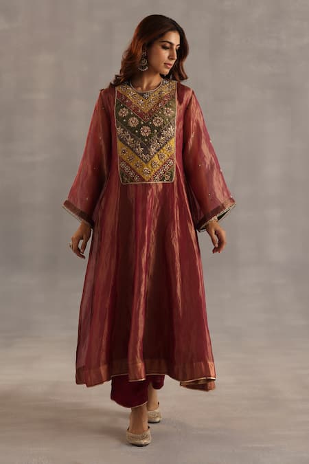 Buy_Begum_Burgundy Tissue, Silk Beads, Pearls, Sequins, Zari, Navratna Anarkali Set _Online_at_Aza_Fashions