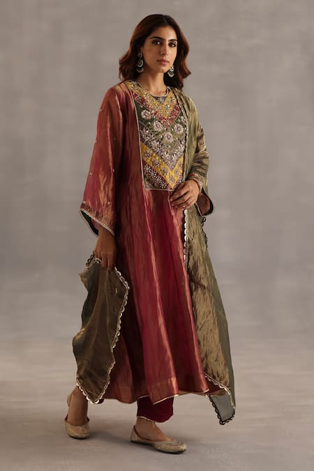 Shop_Begum_Burgundy Tissue, Silk Beads, Pearls, Sequins, Zari, Navratna Anarkali Set _Online_at_Aza_Fashions