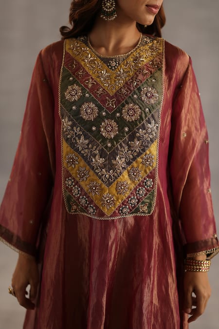 Begum_Burgundy Tissue, Silk Beads, Pearls, Sequins, Zari, Navratna Anarkali Set _at_Aza_Fashions