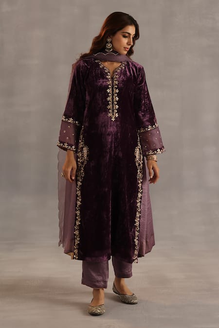 Shop_Begum_Purple Velvet, Satin, Tissue, Organza Gota Patti, Megh Embroidered Kurta Set _Online_at_Aza_Fashions