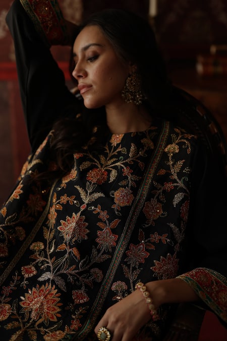 Buy_Begum_Black Silk Sequins, Zari, Embroidery Round Neck Yaman Kurta Salwar Set _Online_at_Aza_Fashions