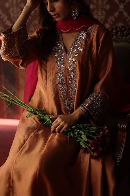 Begum_Orange Tissue, Silk, Organza Mirrors, Metallic Ahiri Embroidered Kurta Set _Online_at_Aza_Fashions