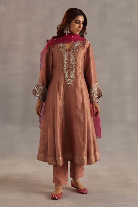 Shop_Begum_Orange Tissue, Silk, Organza Mirrors, Metallic Ahiri Embroidered Kurta Set 